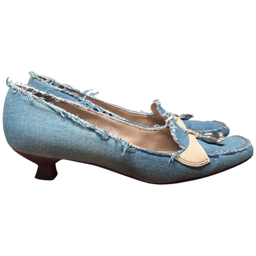 SEBASTIAN Milano Women's 39.5/US 9-9.5 Blue Jean Kitten Heels Denim Shoes Italy - Picture 3 of 13